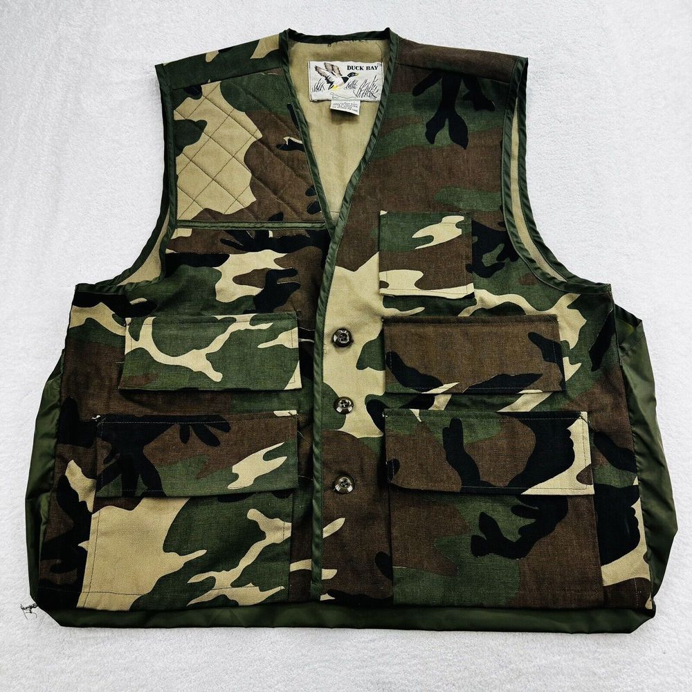 Duck Bay Hunting Vest Men's L Camo Duck Cotton Button Up Vintage‎ Size Large